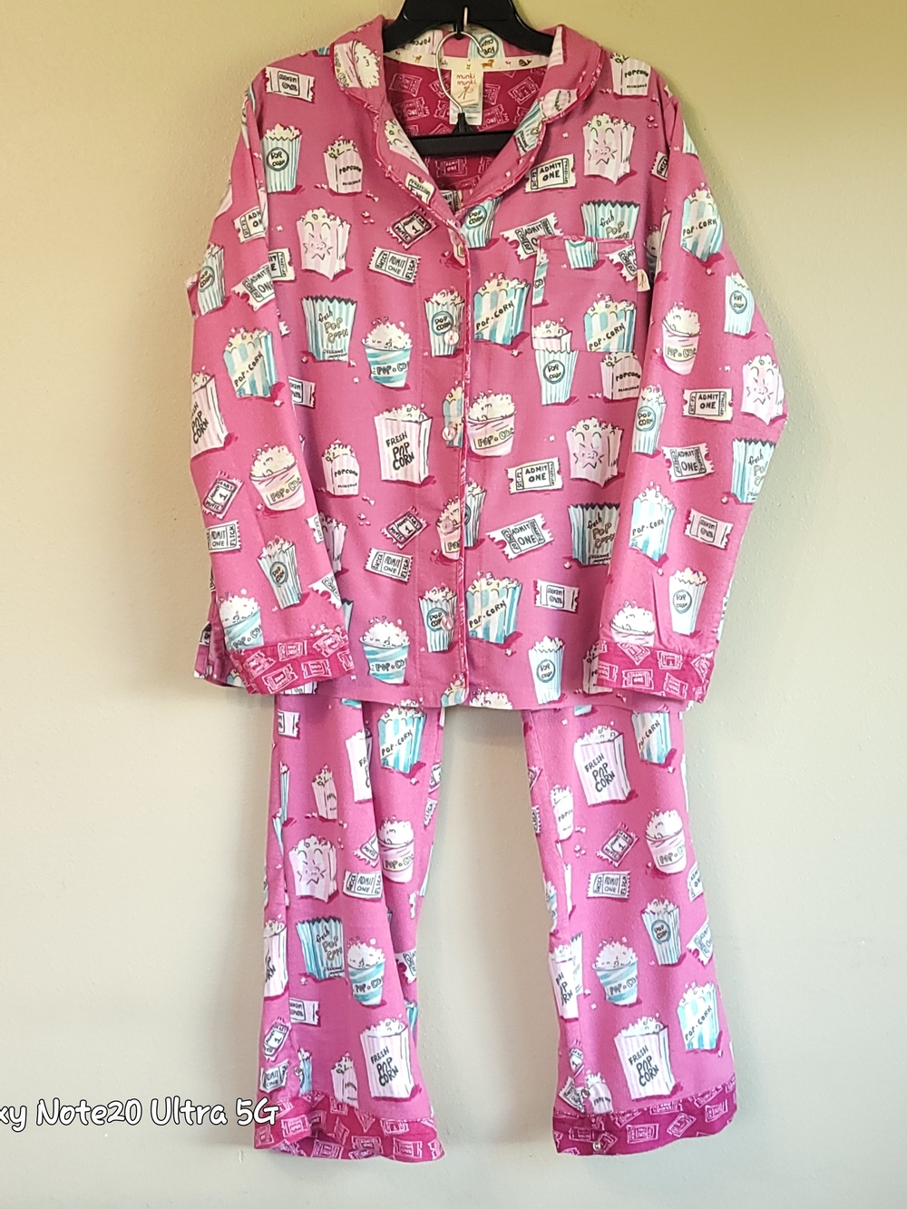 Munki Munki Popcorn Movie Ticket Flannel Pajama Set Pink Size M LIKE NEW